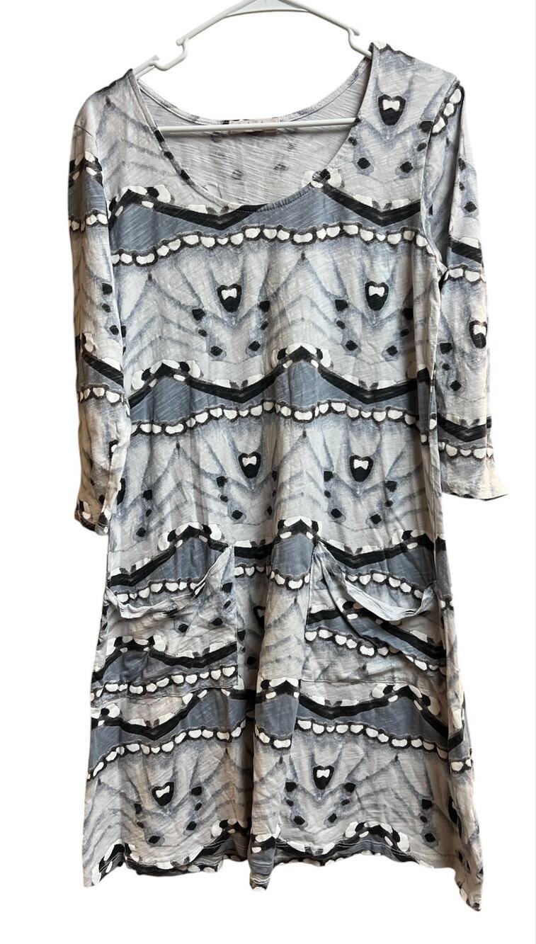 Fresh Produce Grayish Blue Black Dress Butterfly Wing Print Medium